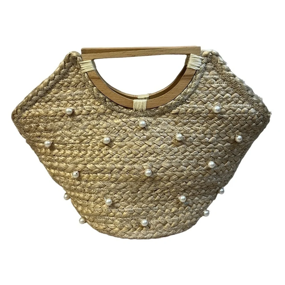 SHIRALEAH Chicago 100% Jute Wood Handles Pearl Accent Dominica Mini Tote